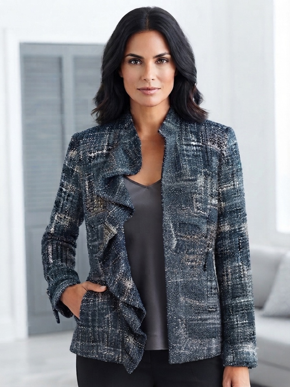 Chico's Mystic Tweed Rachelle Ruffle Jacket Blue Black White Size 2 (L)